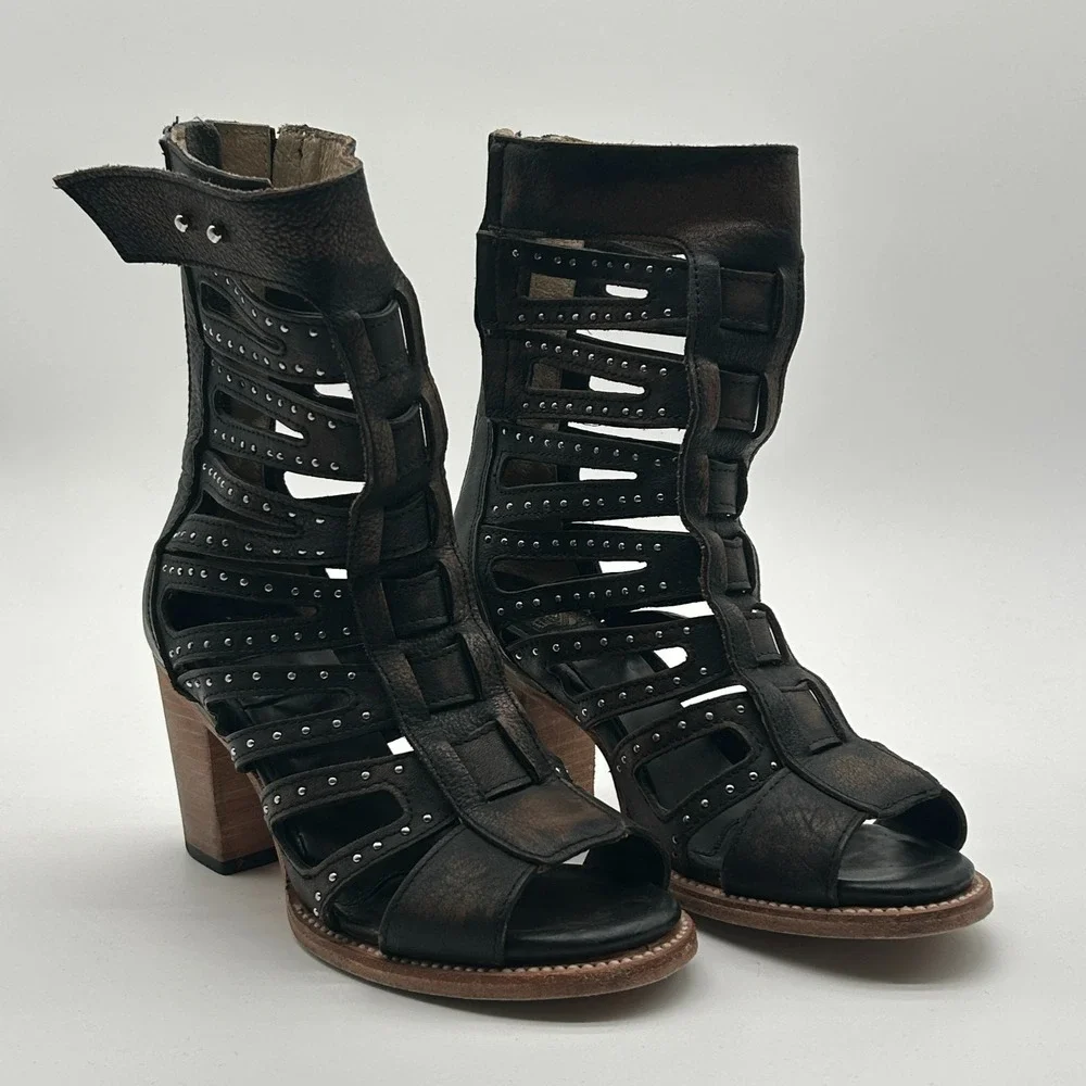 Freebird by Steven Lotus Black Leather Studded Gladiator Boots Womens Size 8